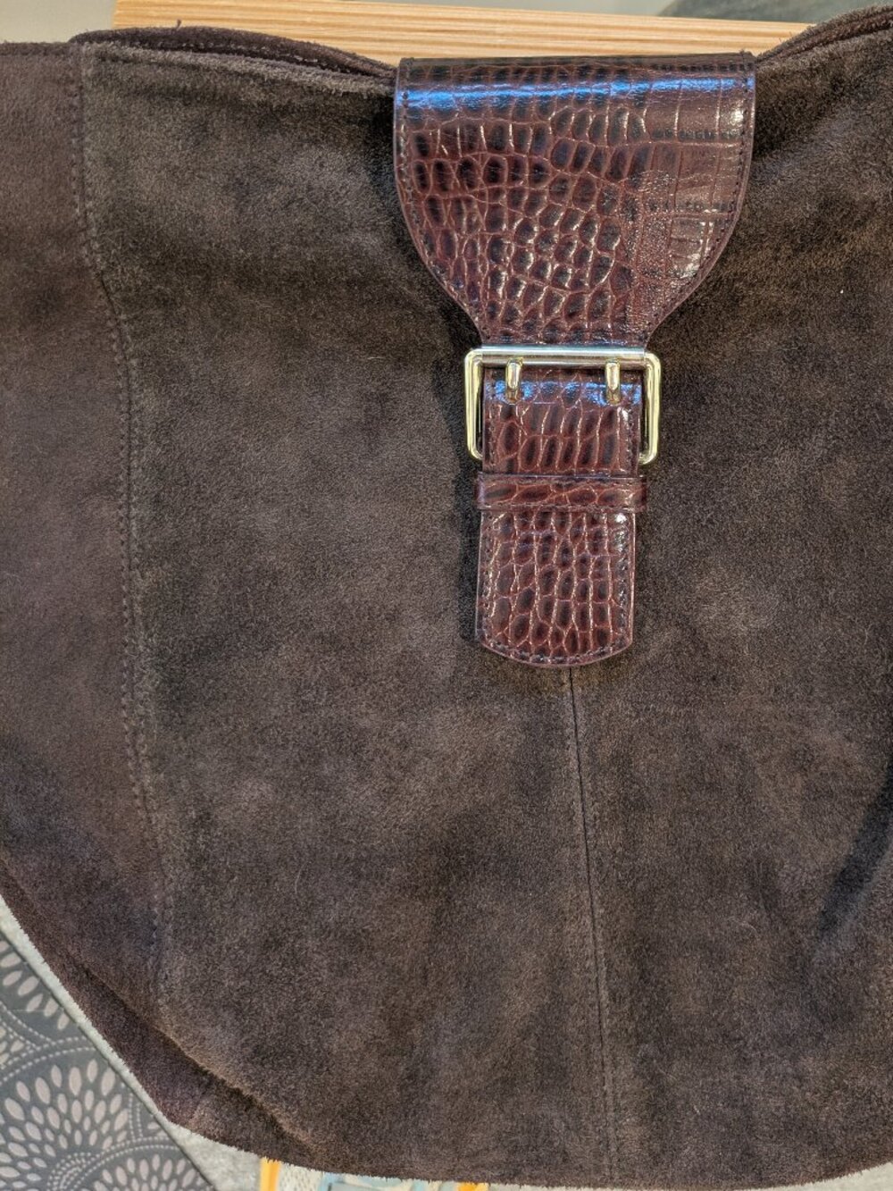 VTG Lauren Ralph Lauren Brown Suede Hobo Bag Croc Leather Buckle. - Picture 3 of 6